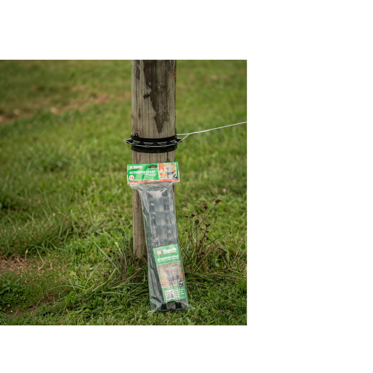 USA Grazing Systems Strainrite Activator Strap electric fence insulators in a 10-pack, mounted on a wooden post.
