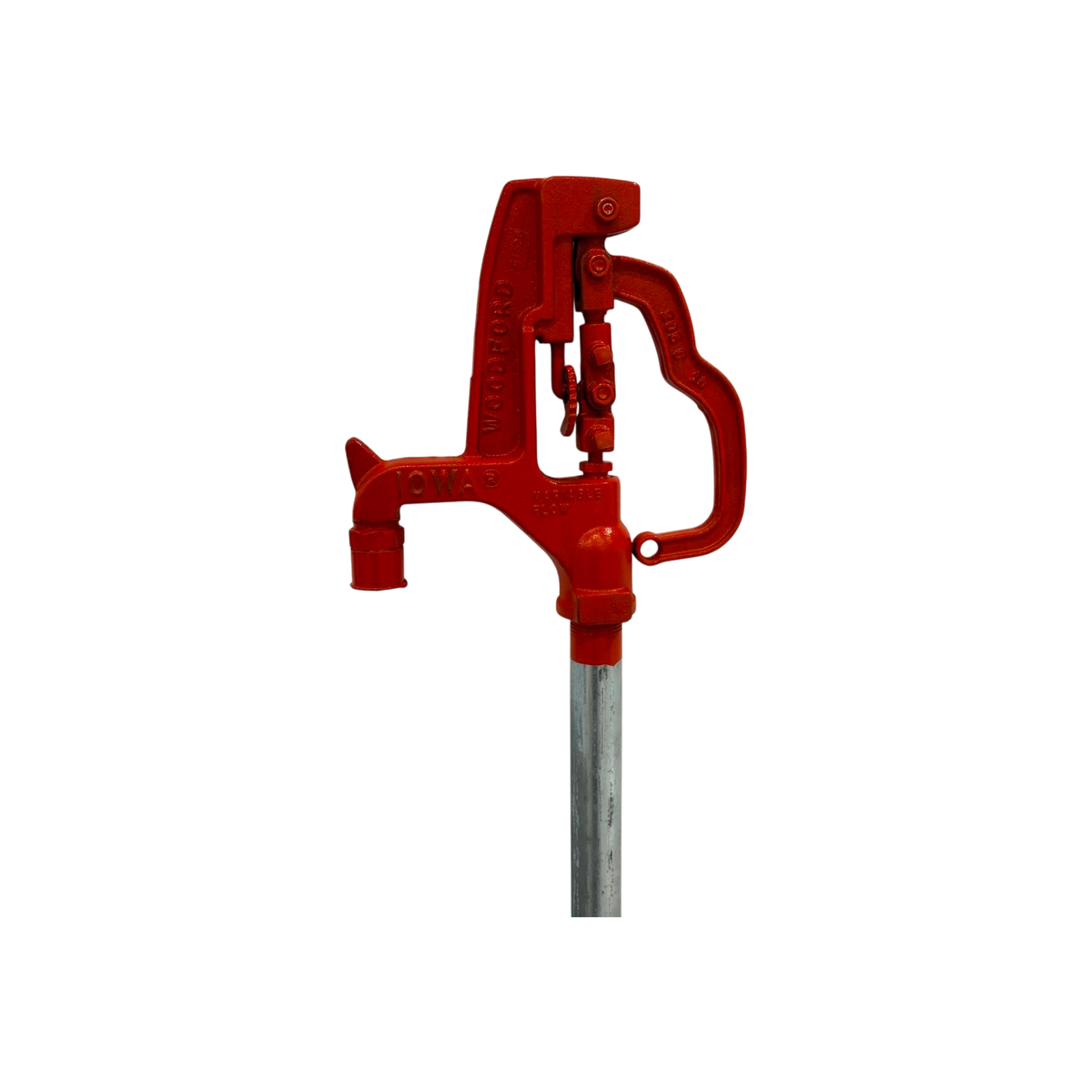 USA Grazing Systems 3/4 inch FPT Iowa non-freeze yard hydrant with a bright red cast iron head and metal pipe