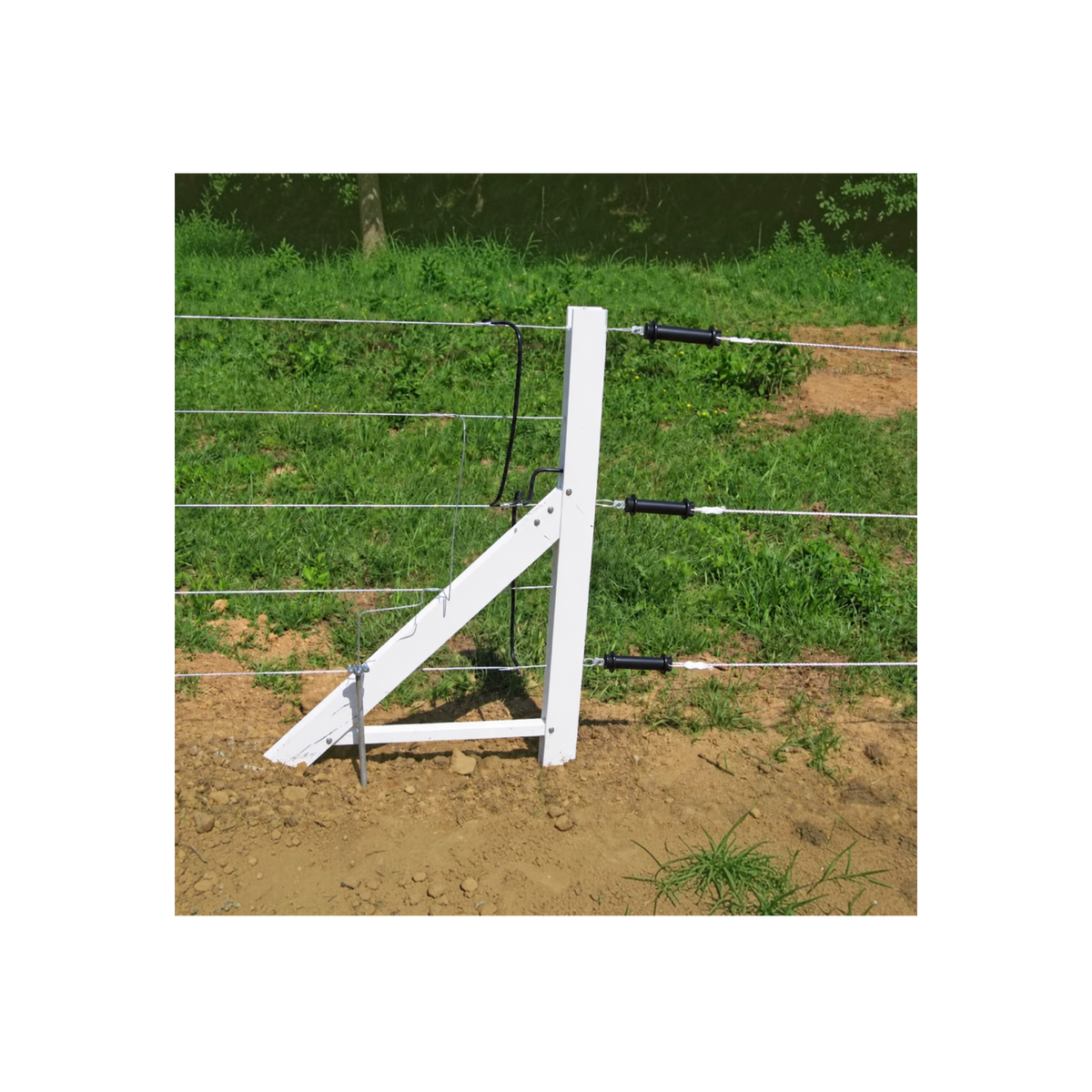 USA Grazing Systems Timeless New Zealander A-Frame white fence brace supporting high-tensile wire in a pasture
