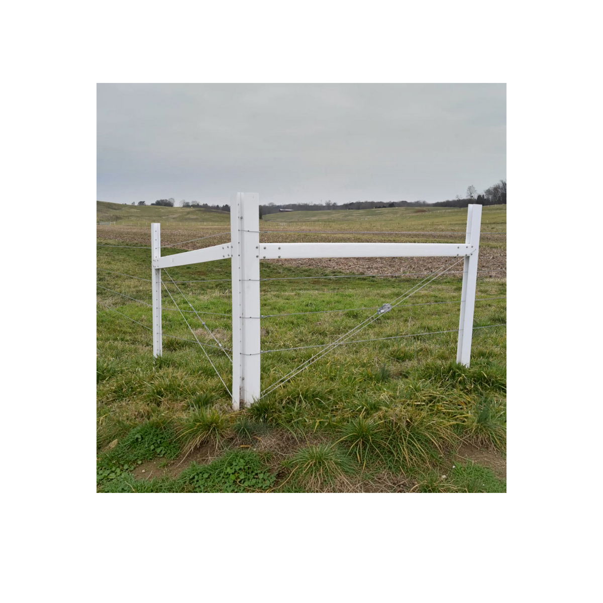 USA Grazing Systems Timeless Classic H Corner assembly installed in a field for permanent high-tensile wire fencing.