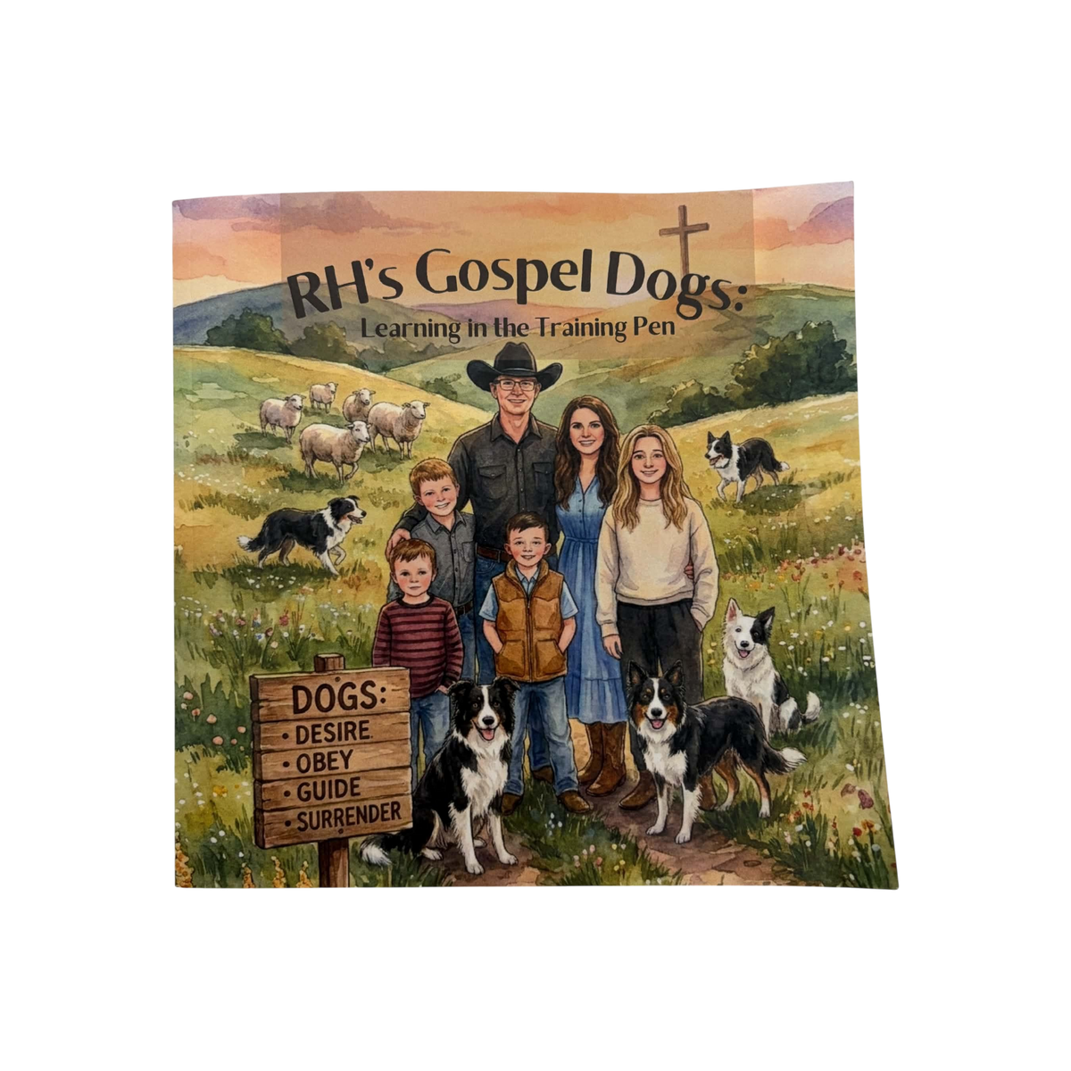 USA Grazing Systems children's book Learning in the Training Pen featuring a family and border collies on a farm.