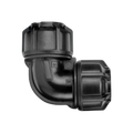 USA Grazing Systems Philmac 90-degree black compression elbow fitting for HDPE pipe used in irrigation systems.