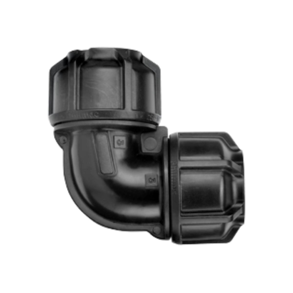 USA Grazing Systems Philmac 90-degree black compression elbow fitting for HDPE pipe used in irrigation systems.