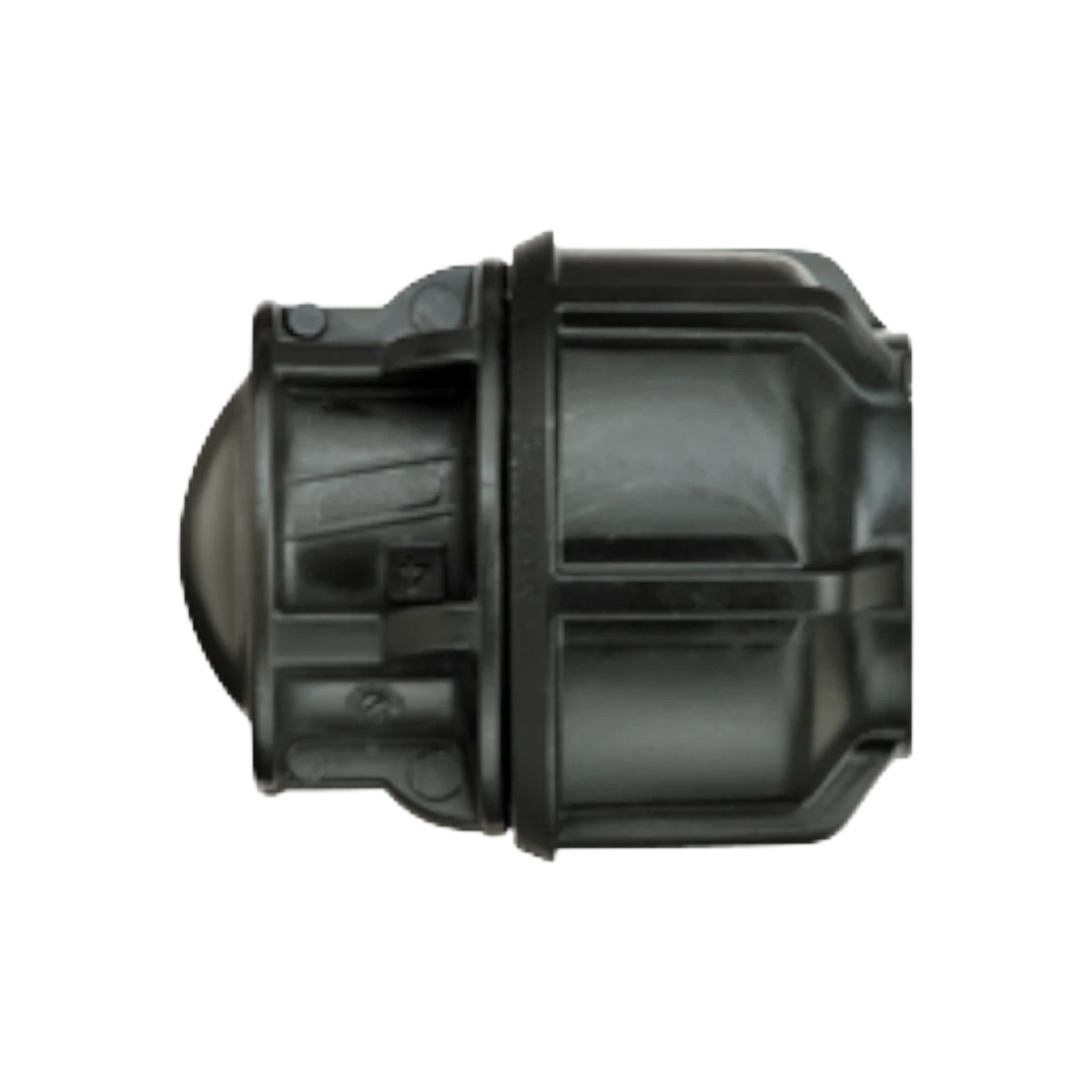 USA Grazing Systems Philmac compression end cap for HDPE pipe in black, designed for secure water line termination.