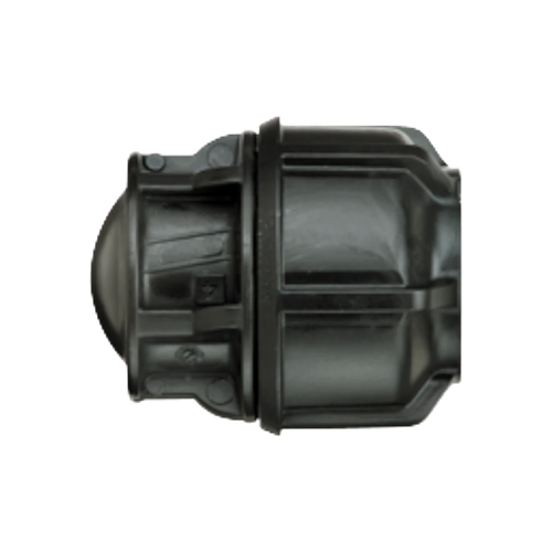 USA Grazing Systems Philmac compression end cap for HDPE pipe in black, designed for secure water line termination.