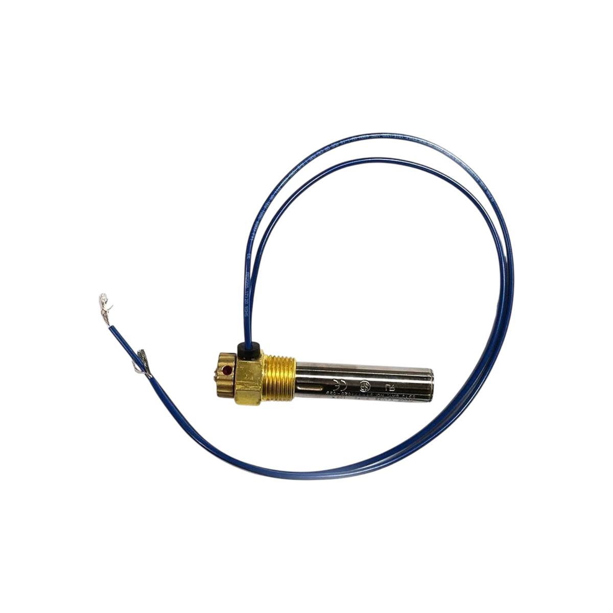 USA Grazing Systems Ritchie stainless steel Fenwal thermostat with blue wires and mounting nut for waterers.