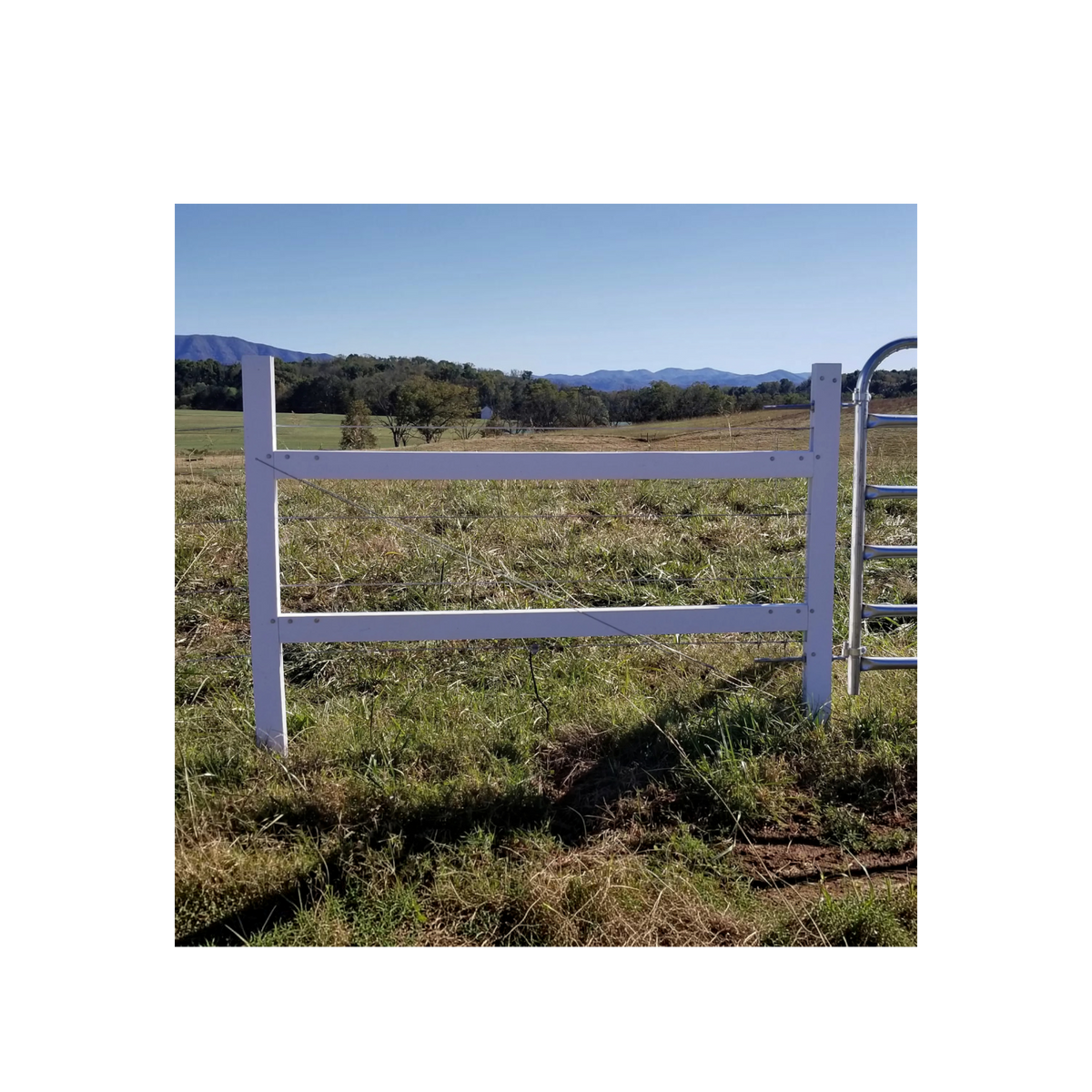 USA Grazing Systems Timeless Super H Brace installed on a permanent fence line with a metal gate in a rural pasture.