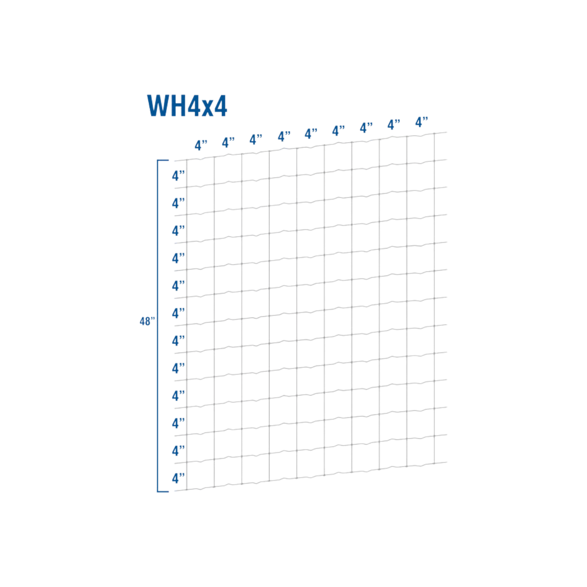 USA Grazing Systems 12.5 gauge high-tensile woven wire fence diagram showing 48-inch height and 4-inch stay spacing.
