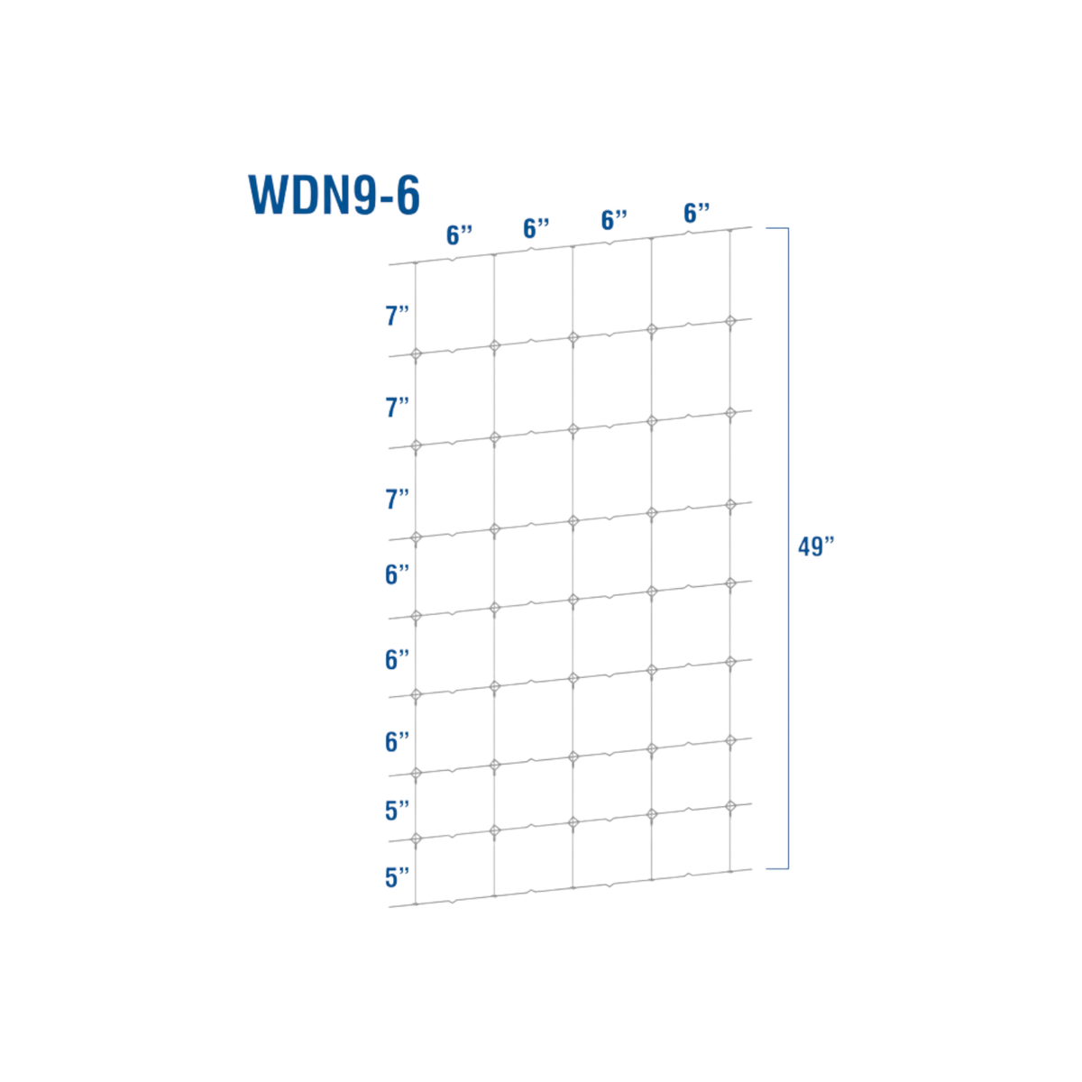 USA Grazing Systems 12.5 gauge high-tensile woven wire fence diagram showing 9/49/6 S-Knot configuration and spacing.