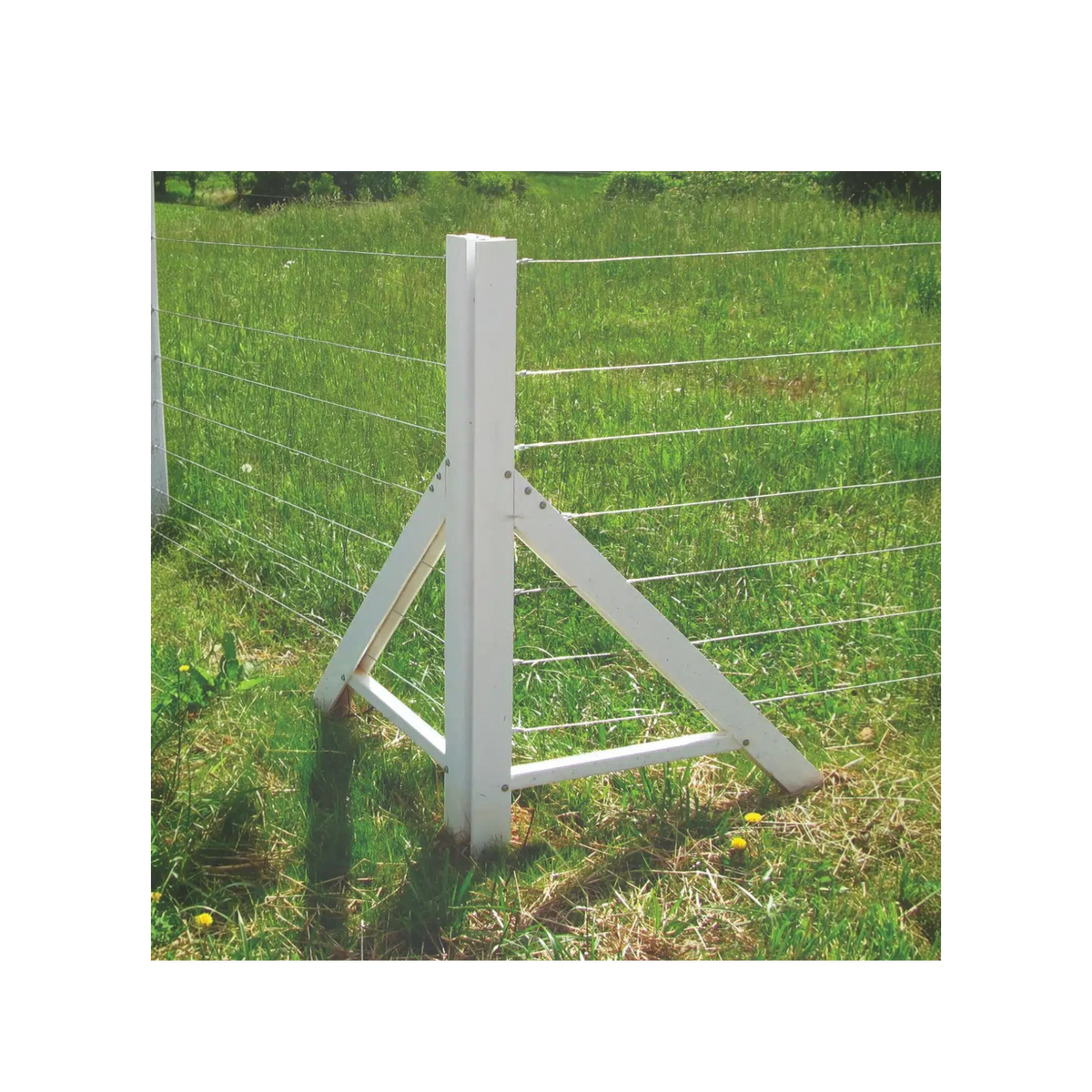 USA Grazing Systems Timeless New Zealander A-Frame corner post supporting high-tensile wire fencing in a green pasture.