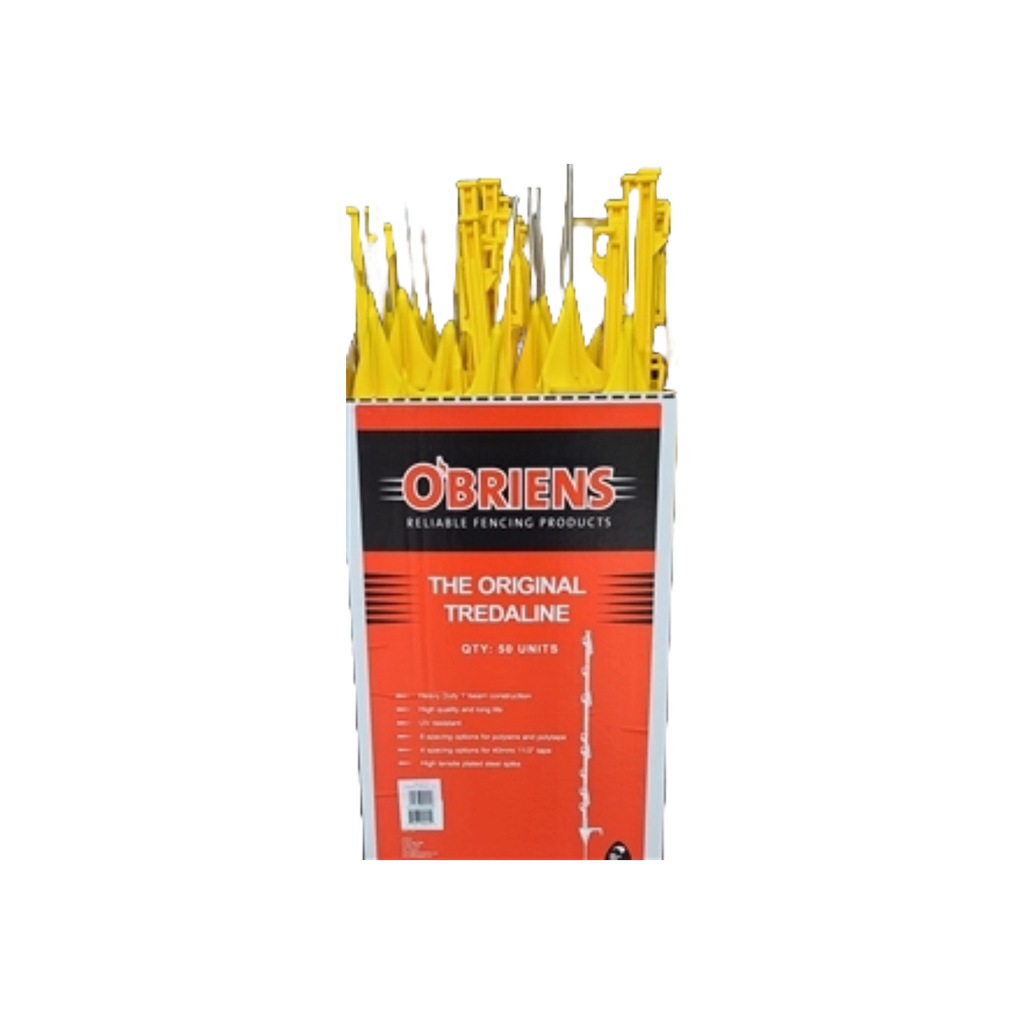 USA Grazing Systems O'Brien's Tredaline yellow electric fence posts in a bulk display box of 50 units