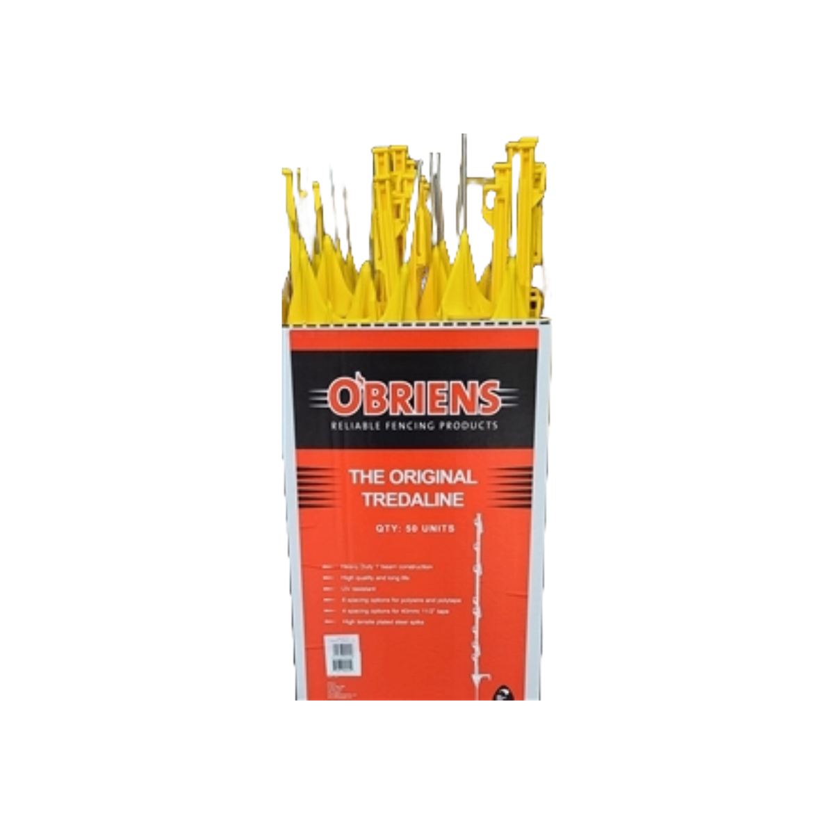 USA Grazing Systems O'Brien's Tredaline yellow electric fence posts in a bulk display box of 50 units