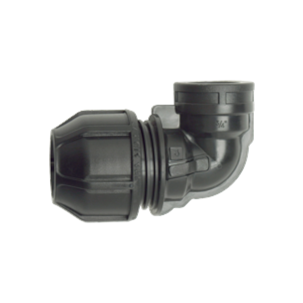 USA Grazing Systems Philmac 90-degree female compression elbow for HDPE pipe, black plastic plumbing fitting.