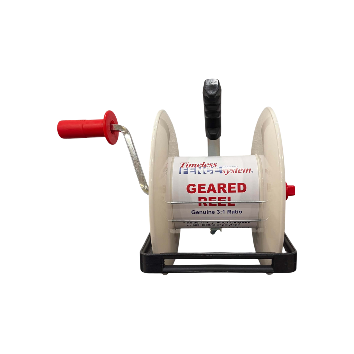 USA Grazing Systems Timeless 3:1 geared electric fence reel with white spool and red handle for portable fencing