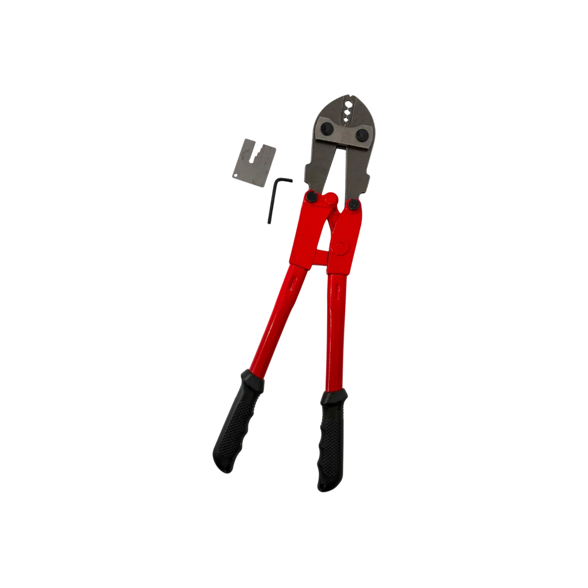 USA Grazing Systems 4-slot crimping tool with bright red handles, black grips, and included metal gauge and hex key.