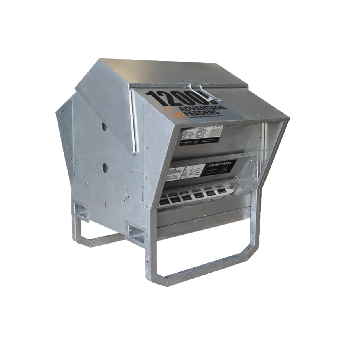 USA Grazing Systems Advantage 1200HD galvanized steel creep feeder with stainless steel components and skid frame.