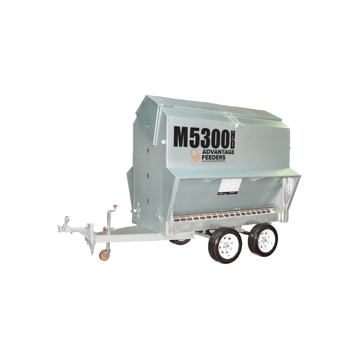 USA Grazing Systems Advantage 5300HD heavy-duty livestock feeder with wheels, stainless steel, and feed control system.