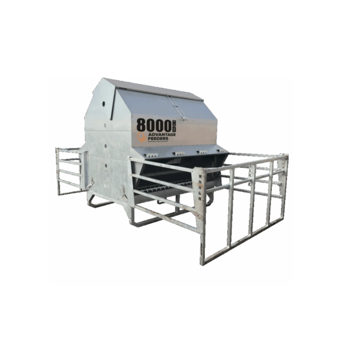 USA Grazing Systems Advantage 8000 series livestock feeder with a heavy-duty metal creep gate for calf feeding.