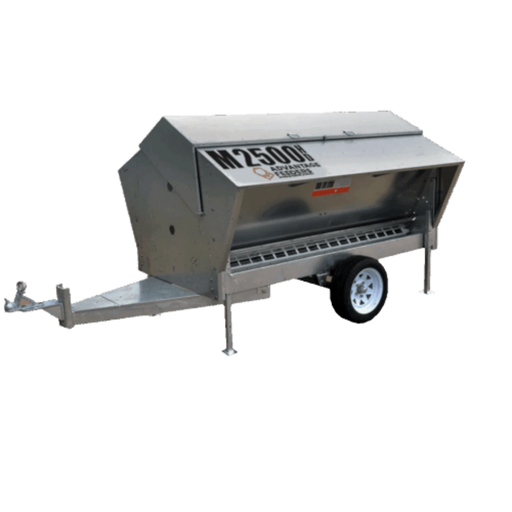 USA Grazing Systems Advantage M2500HD heavy-duty livestock feeder with wheels, stainless steel, and feed hopper.