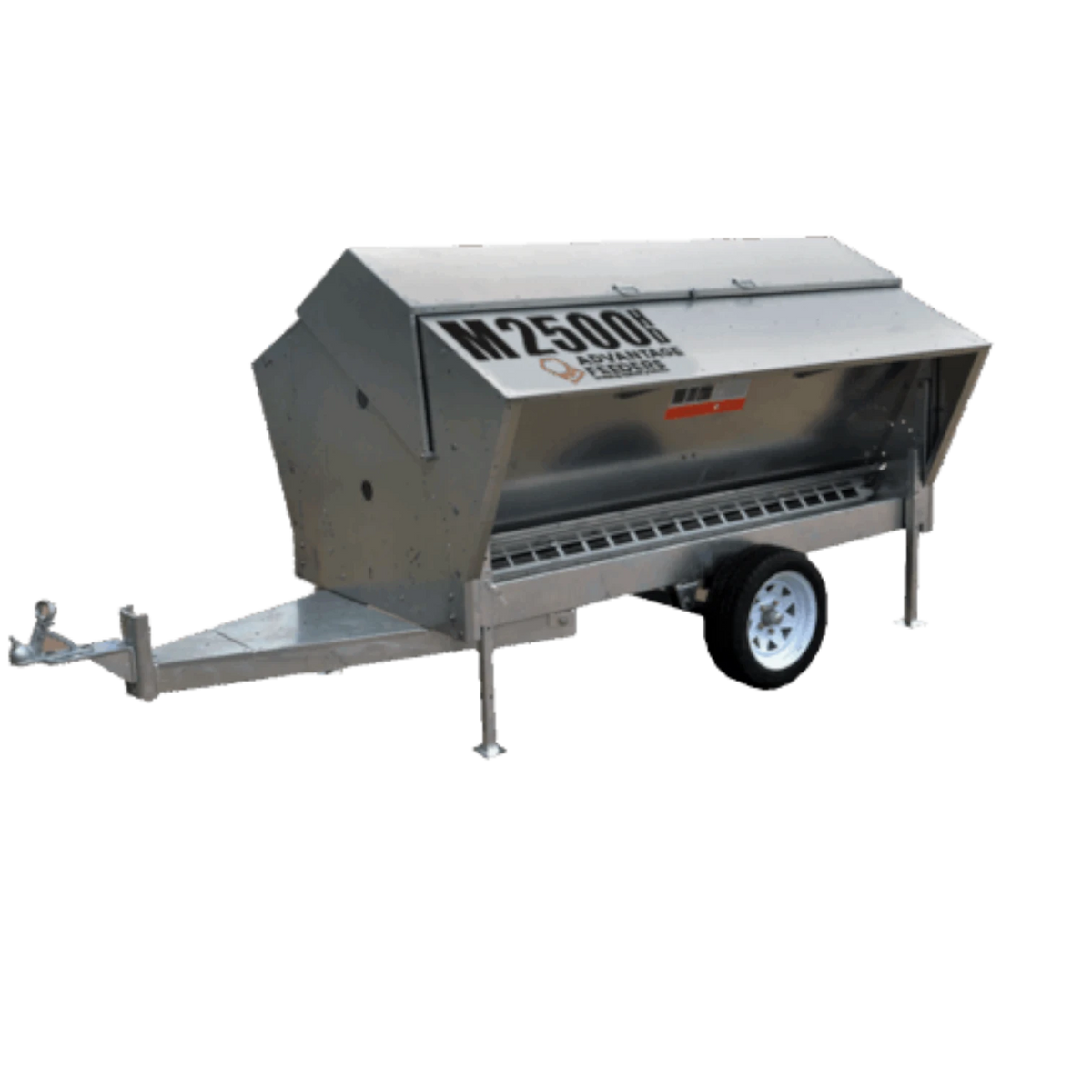 USA Grazing Systems Advantage M2500HD heavy-duty livestock feeder with wheels, stainless steel, and feed hopper.