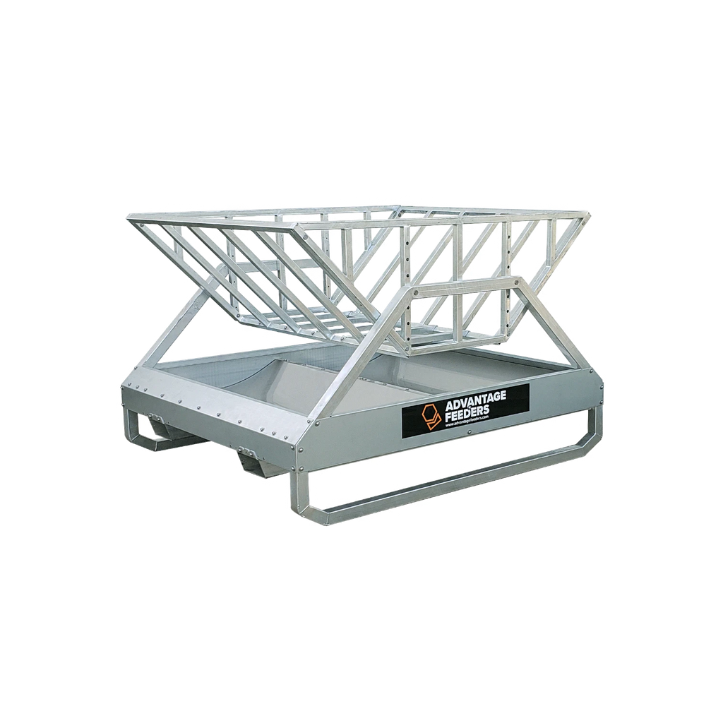 USA Grazing Systems Advantage Tray Hay Feeder for horses and cattle with a galvanized frame and stainless steel trays.
