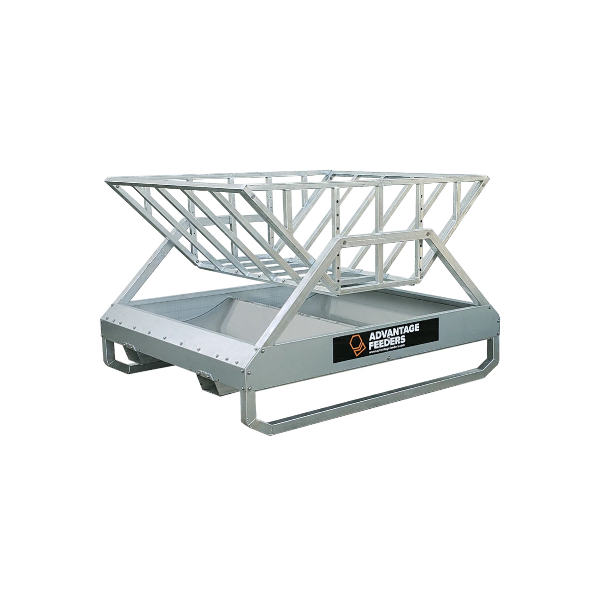 USA Grazing Systems Advantage Tray Hay Feeder for horses and cattle with a galvanized frame and stainless steel trays.