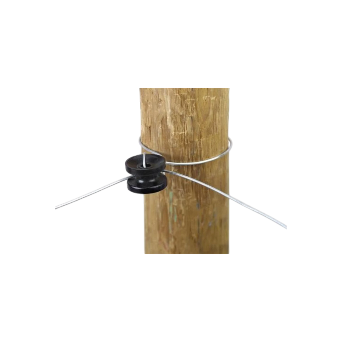 USA Grazing Systems high-strain black donut insulator installed on a wooden fence post with high-tensile wire.