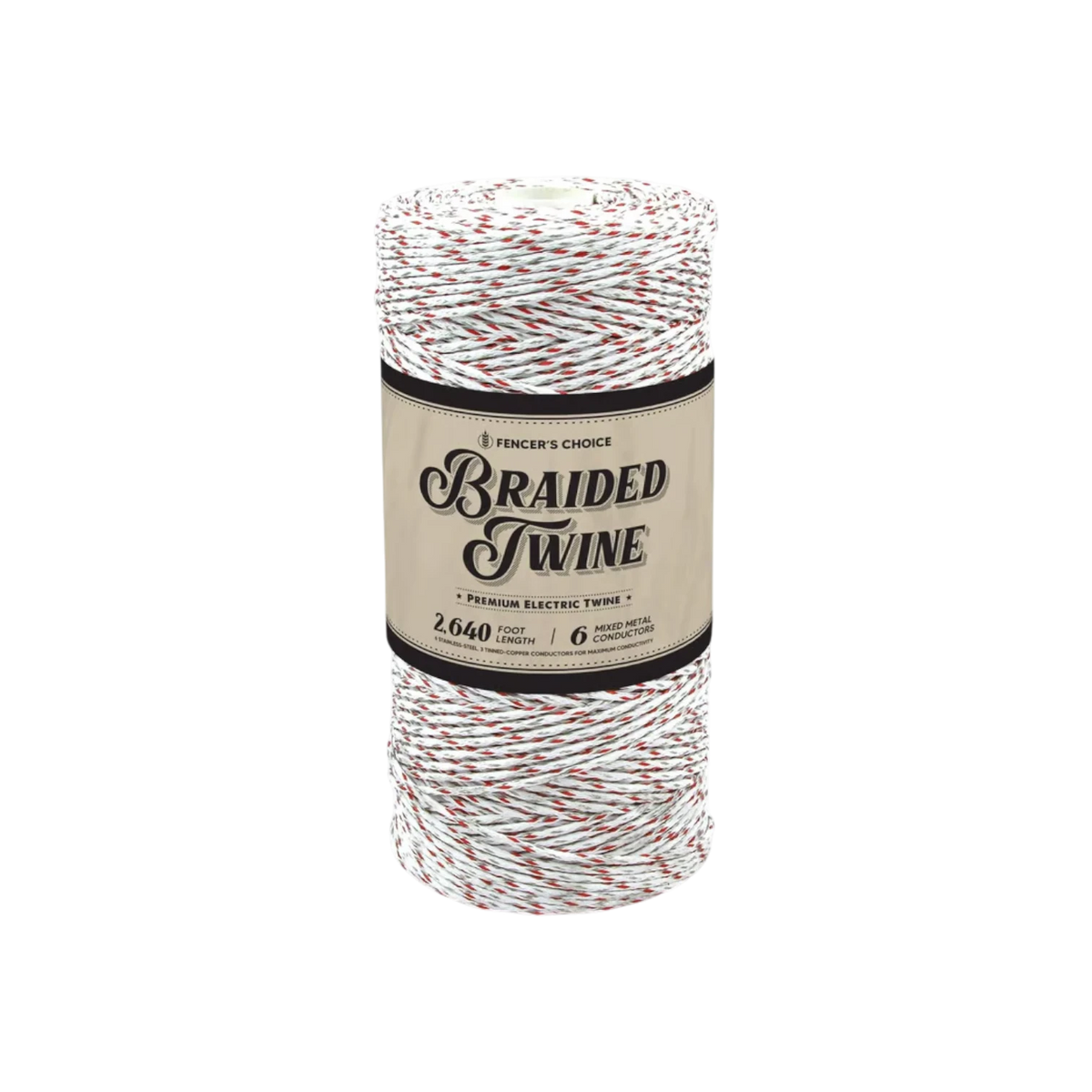 USA Grazing Systems Fencer's Choice braided electric fence twine spool with white and red high-visibility conductors.