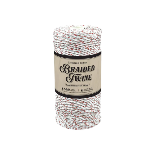 USA Grazing Systems Fencer's Choice braided electric fence twine spool with white and red high-visibility conductors.