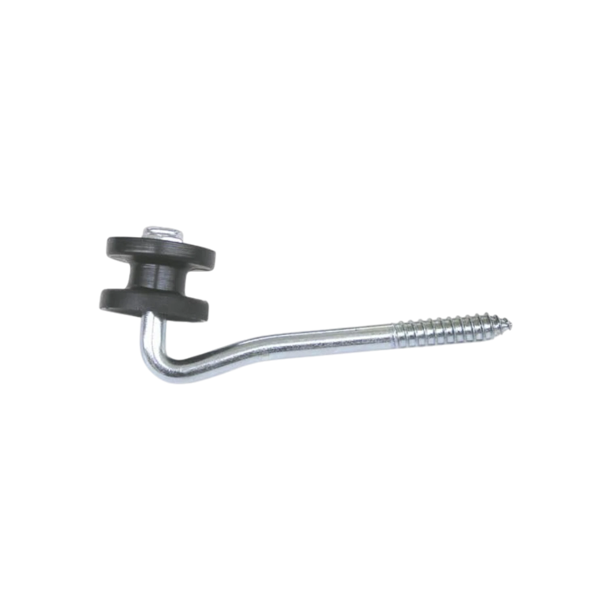 USA Grazing Systems corner post lag bracket with a black insulator for high-tensile electric fence wood posts.
