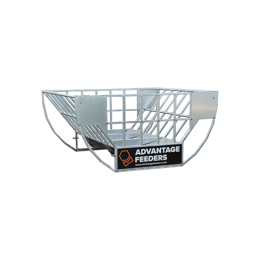 USA Grazing Systems Advantage Cradle Hay Feeder with a galvanized steel frame and stainless steel floor for livestock.
