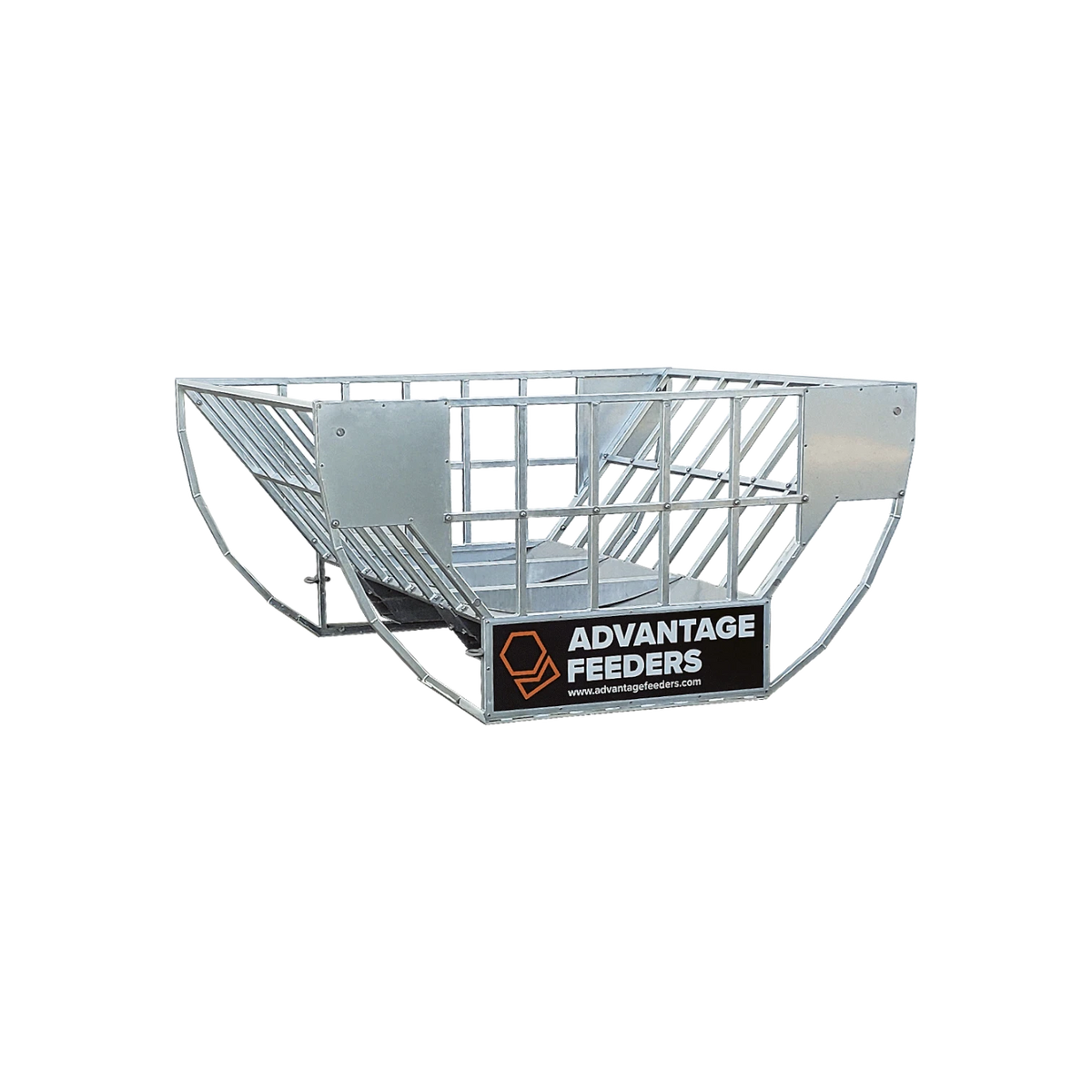 USA Grazing Systems Advantage Cradle Hay Feeder with a galvanized steel frame and stainless steel floor for livestock.
