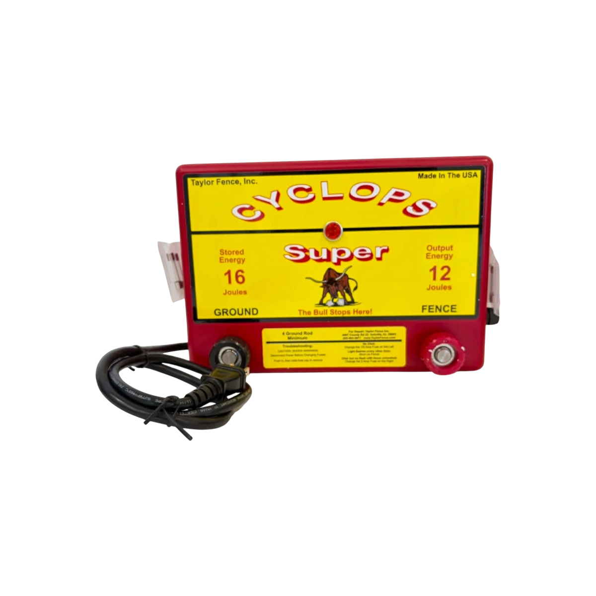USA Grazing Systems Cyclops 12 Joule Super electric fence energizer in red and yellow with power cord.