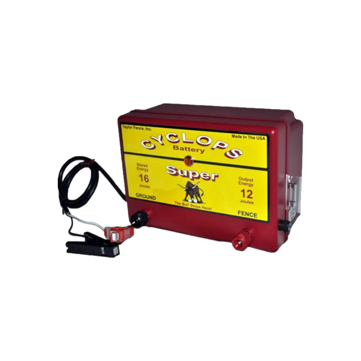 USA Grazing Systems Cyclops 12 Joule Super DC electric fence energizer with red casing and battery clips.