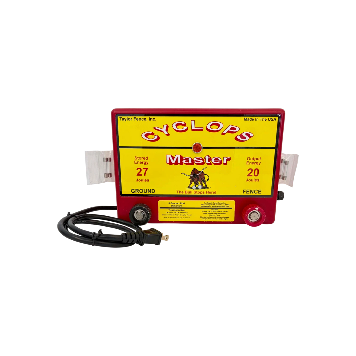USA Grazing Systems Cyclops 20 Joule Master AC electric fence energizer in red with yellow control panel