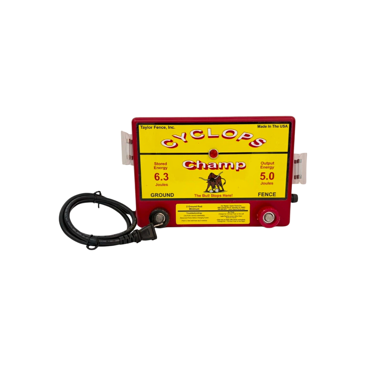 USA Grazing Systems Cyclops 5 Joule Champ electric fence energizer in a red casing with power cord for livestock control
