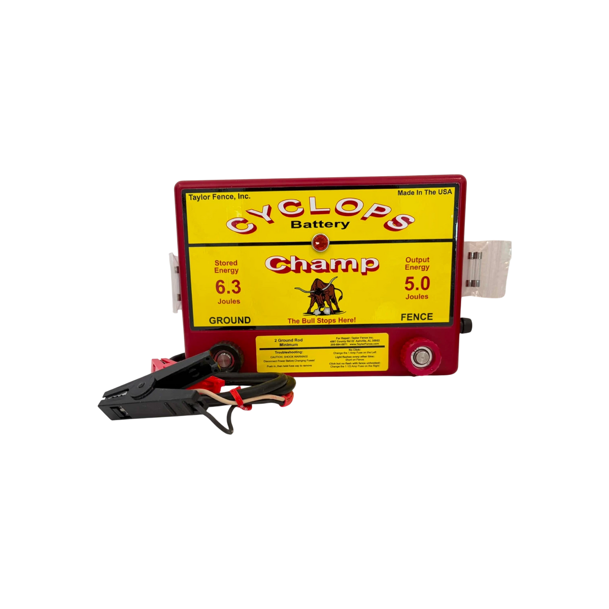 USA Grazing Systems Cyclops 5 Joule Champ electric fence energizer with battery clips for livestock containment