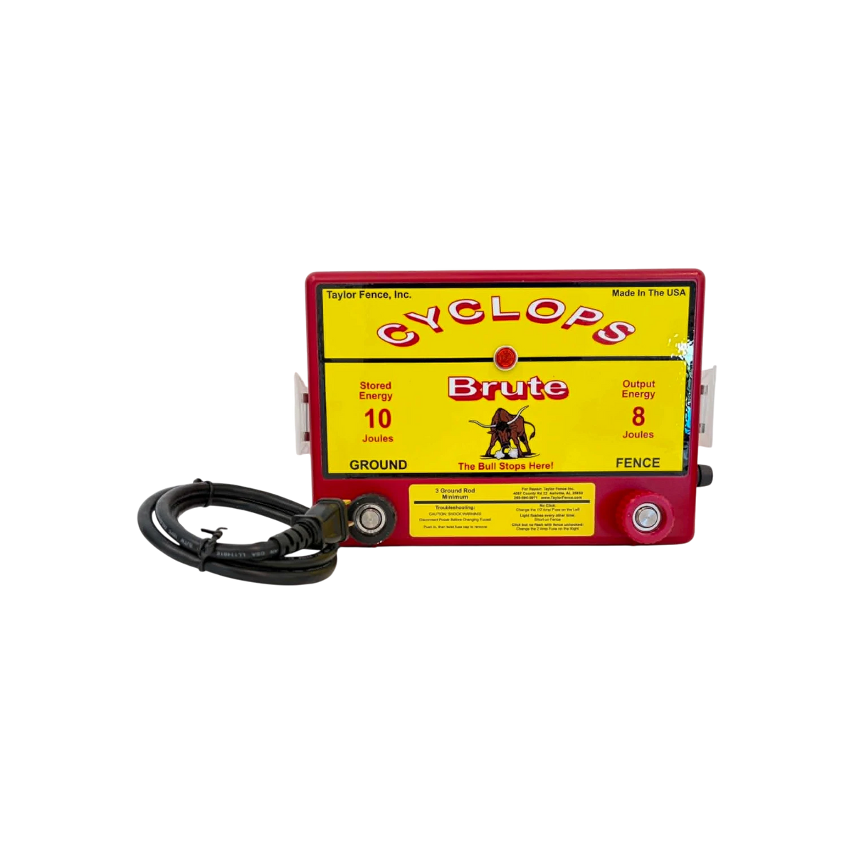 USA Grazing Systems Cyclops 8 Joule Brute electric fence energizer with red casing and clear control panel labels.