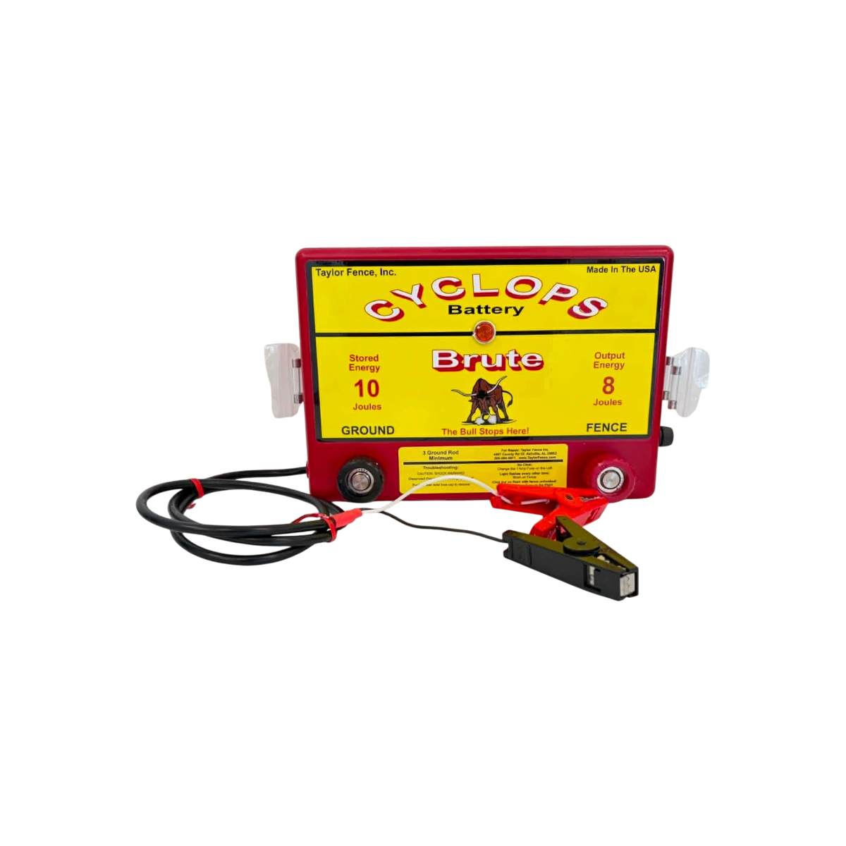 USA Grazing Systems Cyclops 8 Joule Brute DC battery-powered electric fence energizer with red casing and alligator clips