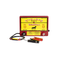 USA Grazing Systems Cyclops 2.5 Joule Stallion DC electric fence energizer with battery clips for livestock control.