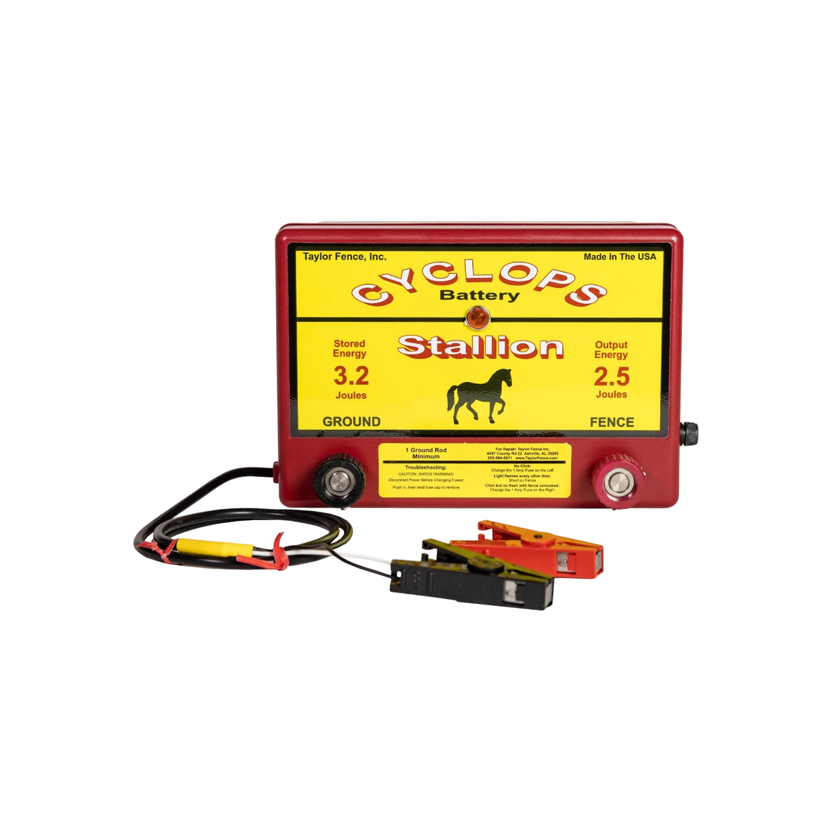 USA Grazing Systems Cyclops 2.5 Joule Stallion DC electric fence energizer with battery clips for livestock control.