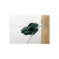 USA Grazing Systems black Double-U electric fence insulator mounted on a wooden post with wire for livestock fencing.