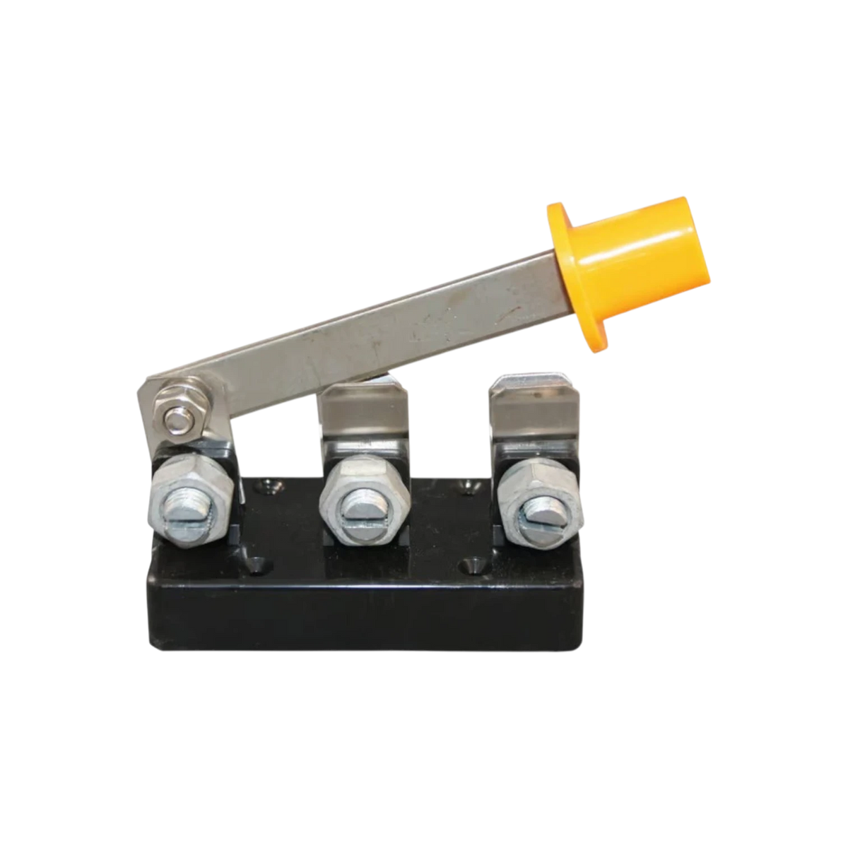 USA Grazing Systems heavy duty double cut off switch with a metal lever and yellow handle for electric fence control.