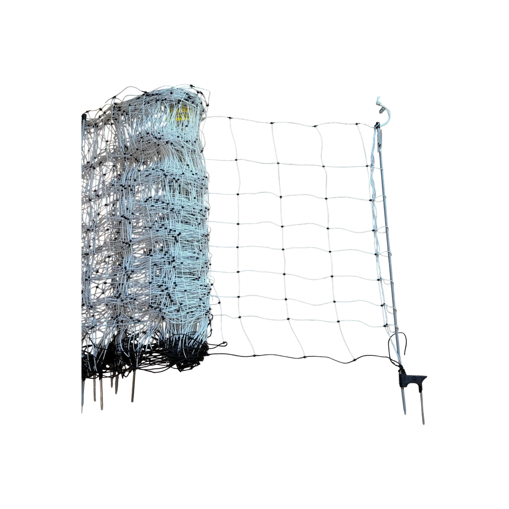 USA Grazing Systems white electric netting fence for sheep and goats with integrated step-in posts.