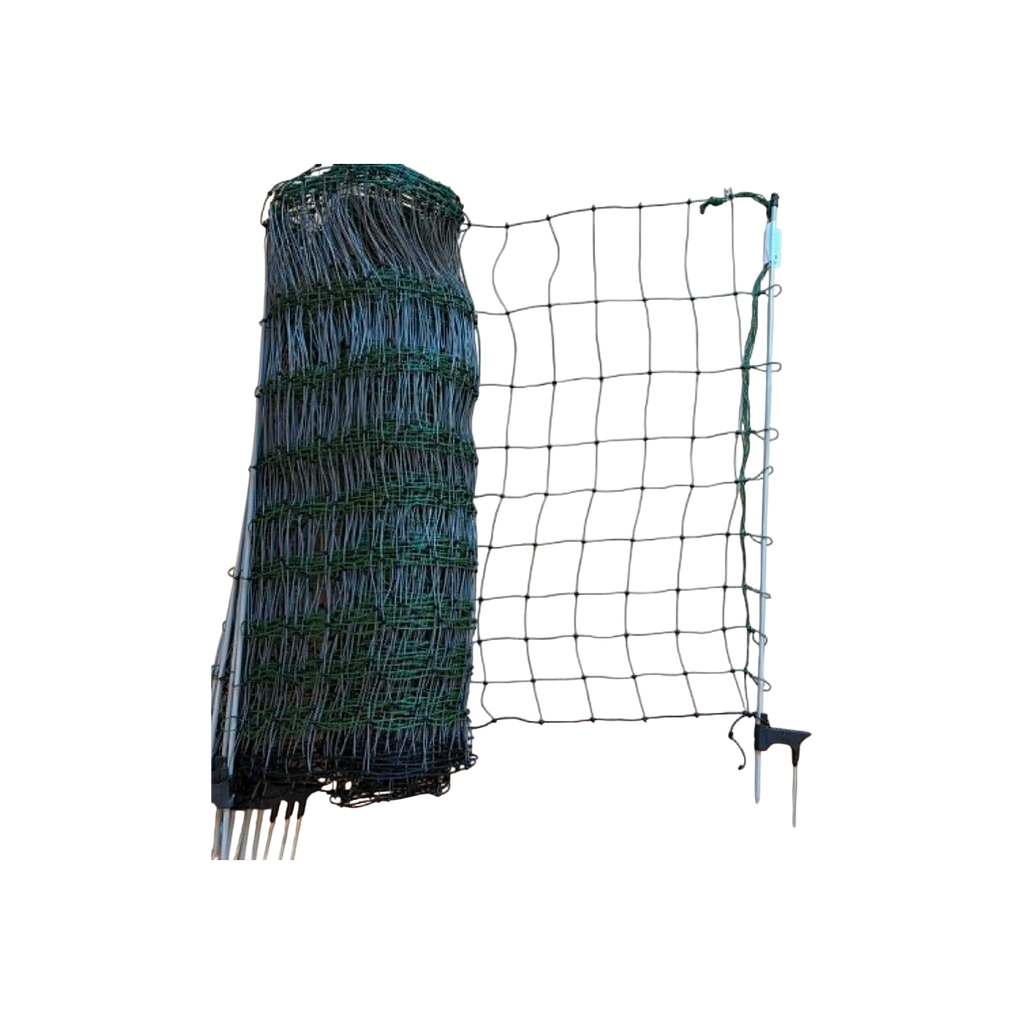 USA Grazing Systems 40-inch green electric poultry netting fence with integrated step-in posts for livestock containment.