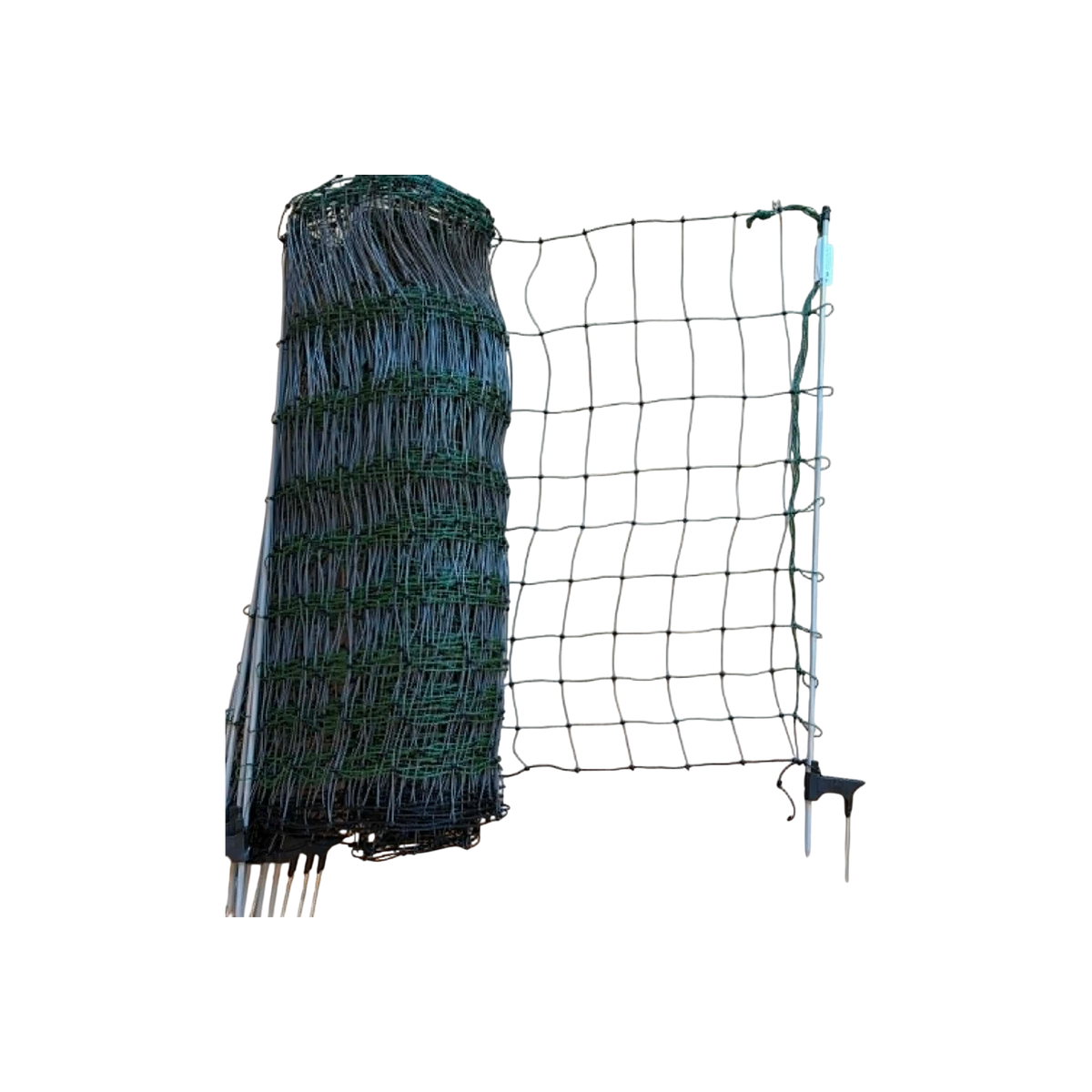 USA Grazing Systems 40-inch green electric poultry netting fence with integrated step-in posts for livestock containment.