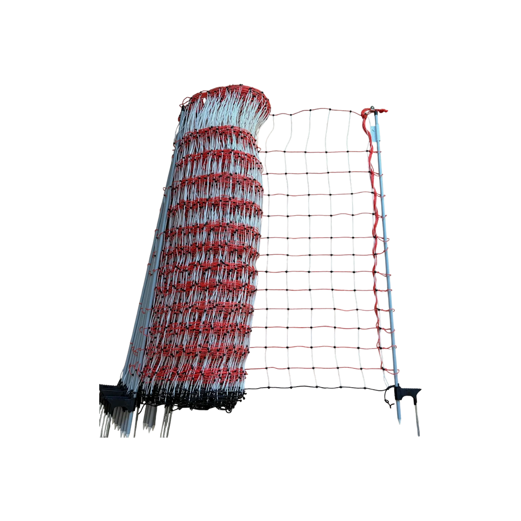 USA Grazing Systems 48-inch tall orange electric poultry netting with 14 integrated posts for rotational grazing.