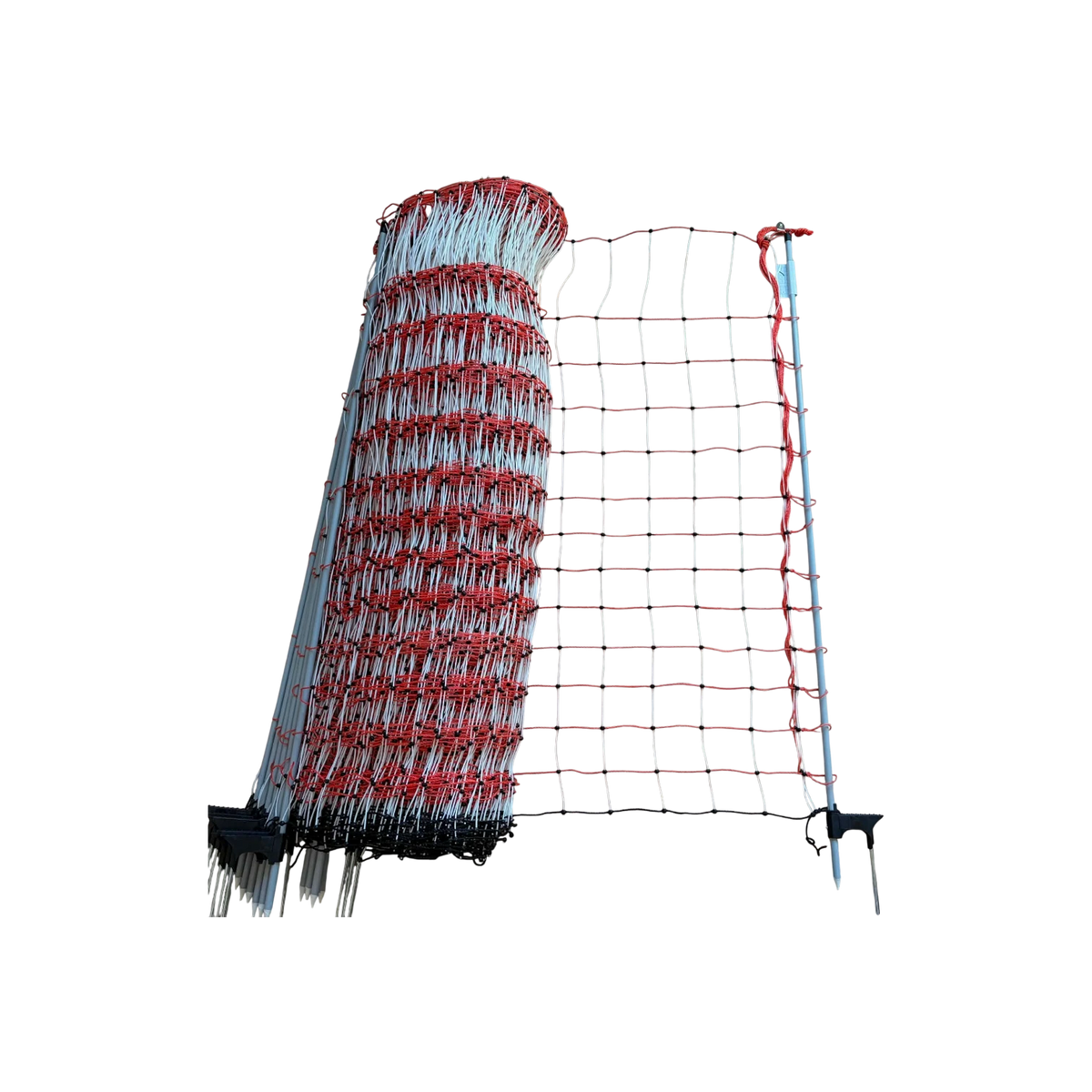 USA Grazing Systems 48-inch tall orange electric poultry netting with 14 integrated posts for rotational grazing.