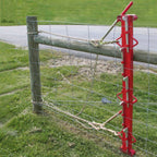 USA Grazing Systems Fencer's Choice red steel stretcher bar tensioning woven wire fencing on a wooden post