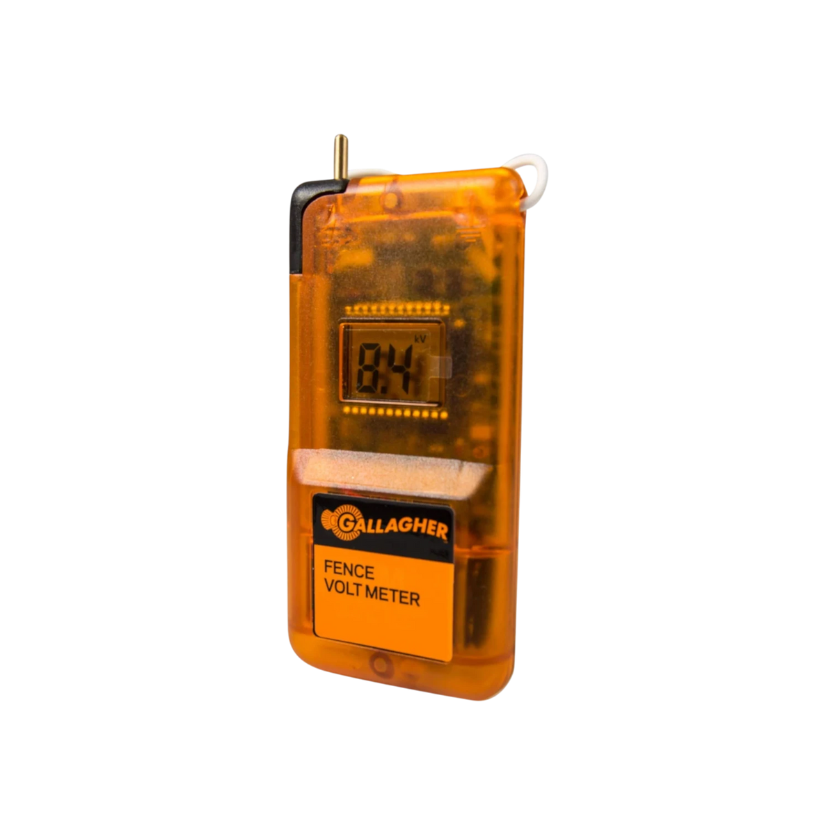 USA Grazing Systems Gallagher digital voltmeter for testing electric fence voltage with a clear orange handheld case.